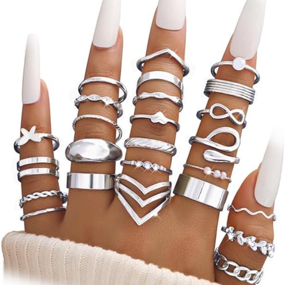 25 Pcs Gold Knuckle Ring Set for Women, Chunky Stackable Finger Midi Rings, Silv